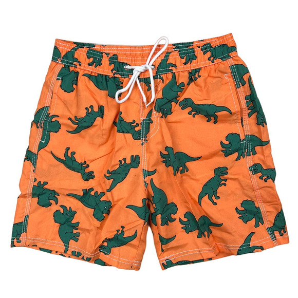 Orange Green Dinosaur Print Big Boys Medium Swim Trunks Swimwear Lined Shorts - Picture 1 of 7